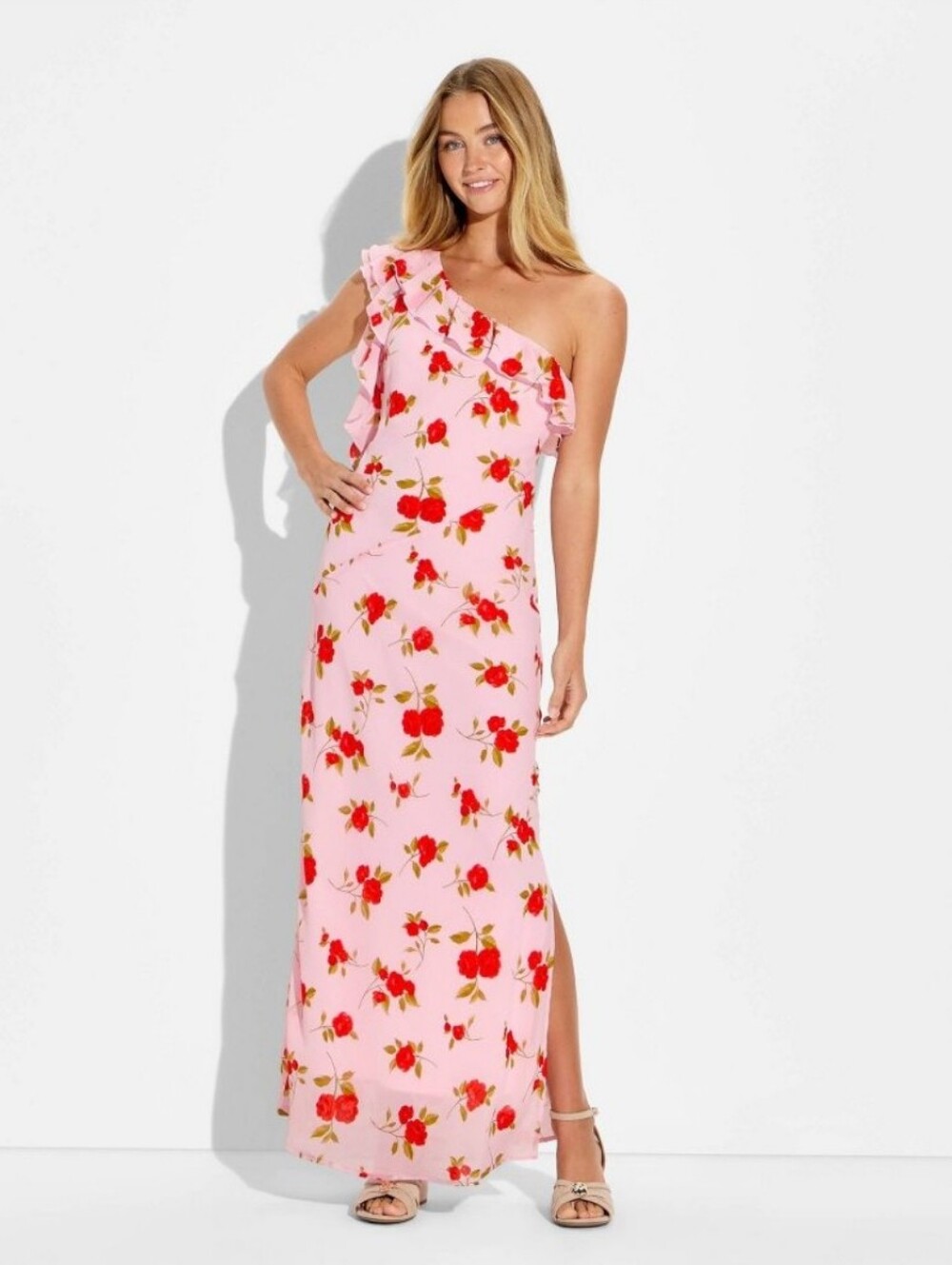 Wild Fable Women Ruffle One Shoulder Midi Bodycon Dress - Pink Floral